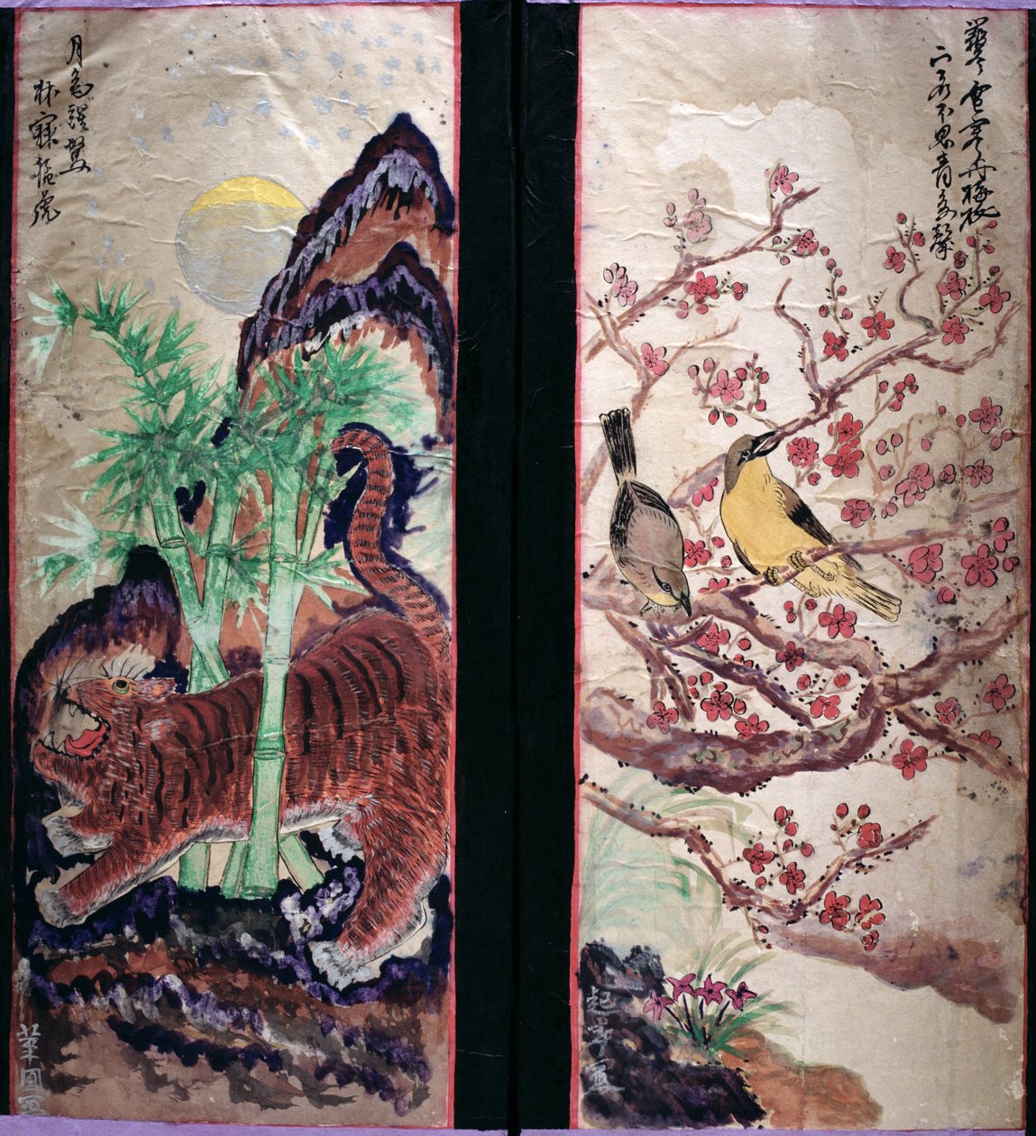 Due pannelli di un paravento a otto pieghe raffiguranti uccelli e fiori (pigmenti naturali su carta) da School Korean