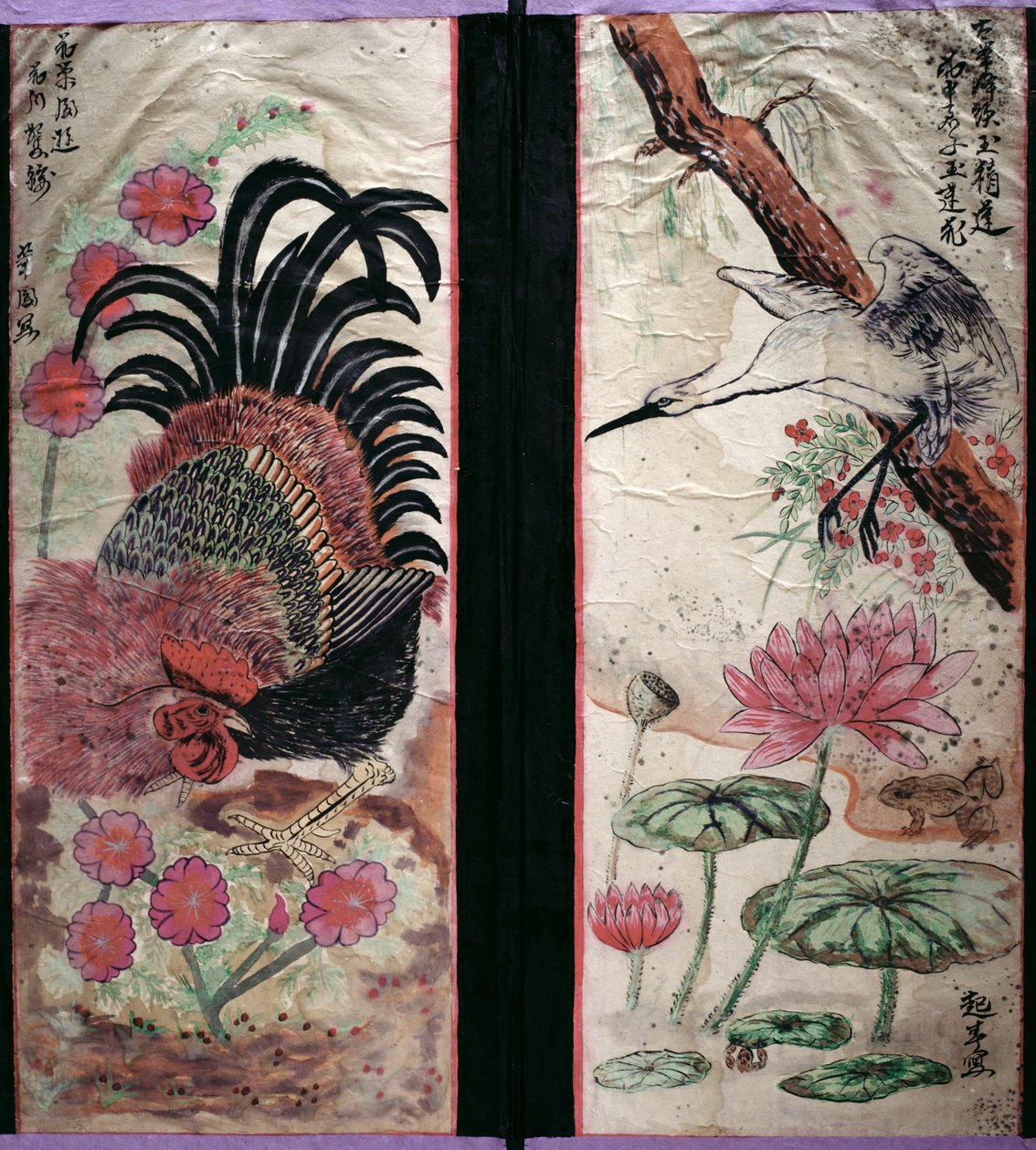 Due pannelli di un paravento a otto pieghe raffiguranti uccelli e fiori (pigmenti naturali su carta) da School Korean
