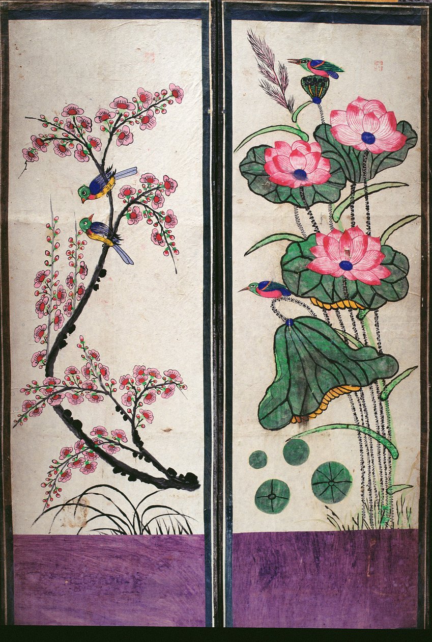 Due pannelli di un paravento a otto pieghe raffiguranti uccelli e fiori (pigmenti naturali su carta) da School Korean