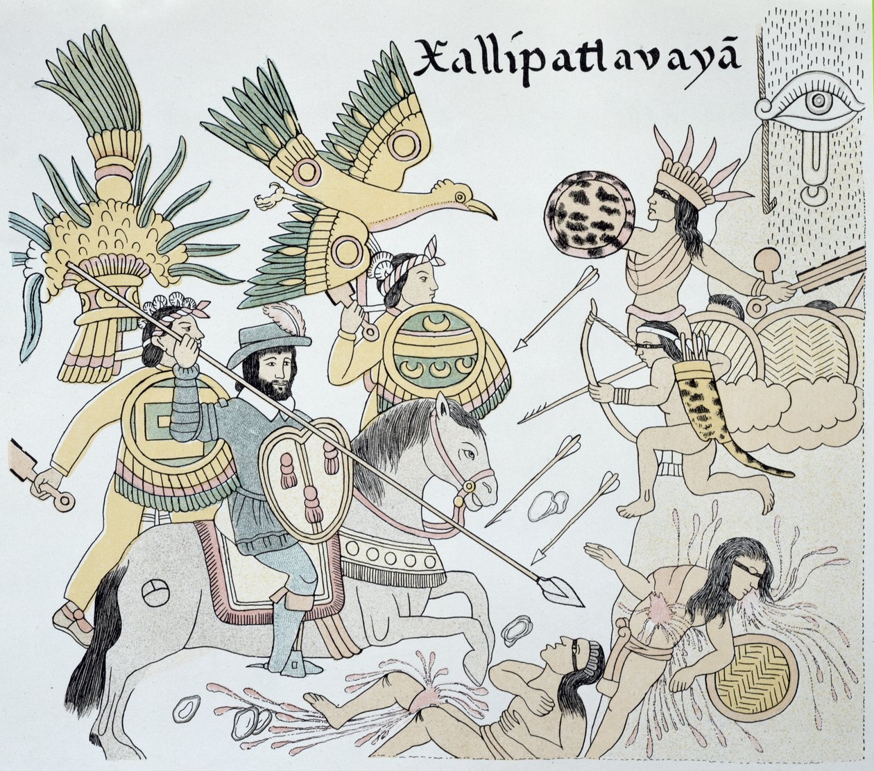 Combattimento tra spagnoli e aztechi nella battaglia di Xallipatlavaya, illustrazione tratta da un facsimile di una storia illustrata degli indiani messicani "Lienzo de Tlaxcala" del 1550 ca. da School Mexican