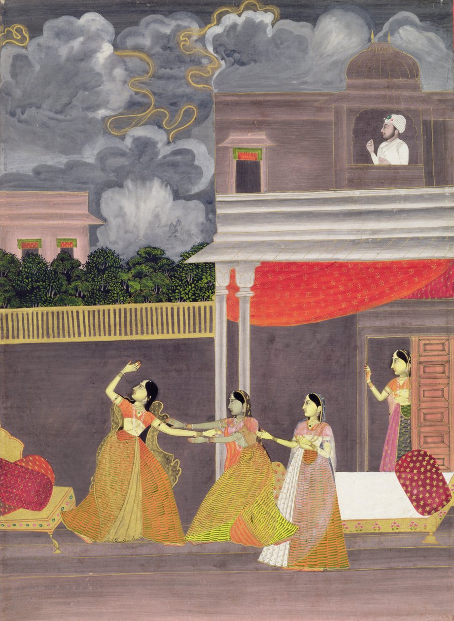 Una signora portata dentro da una tempesta di notte: illustrazione dal modo musicale Madhu Madhavi, c.1760 da School Mughal