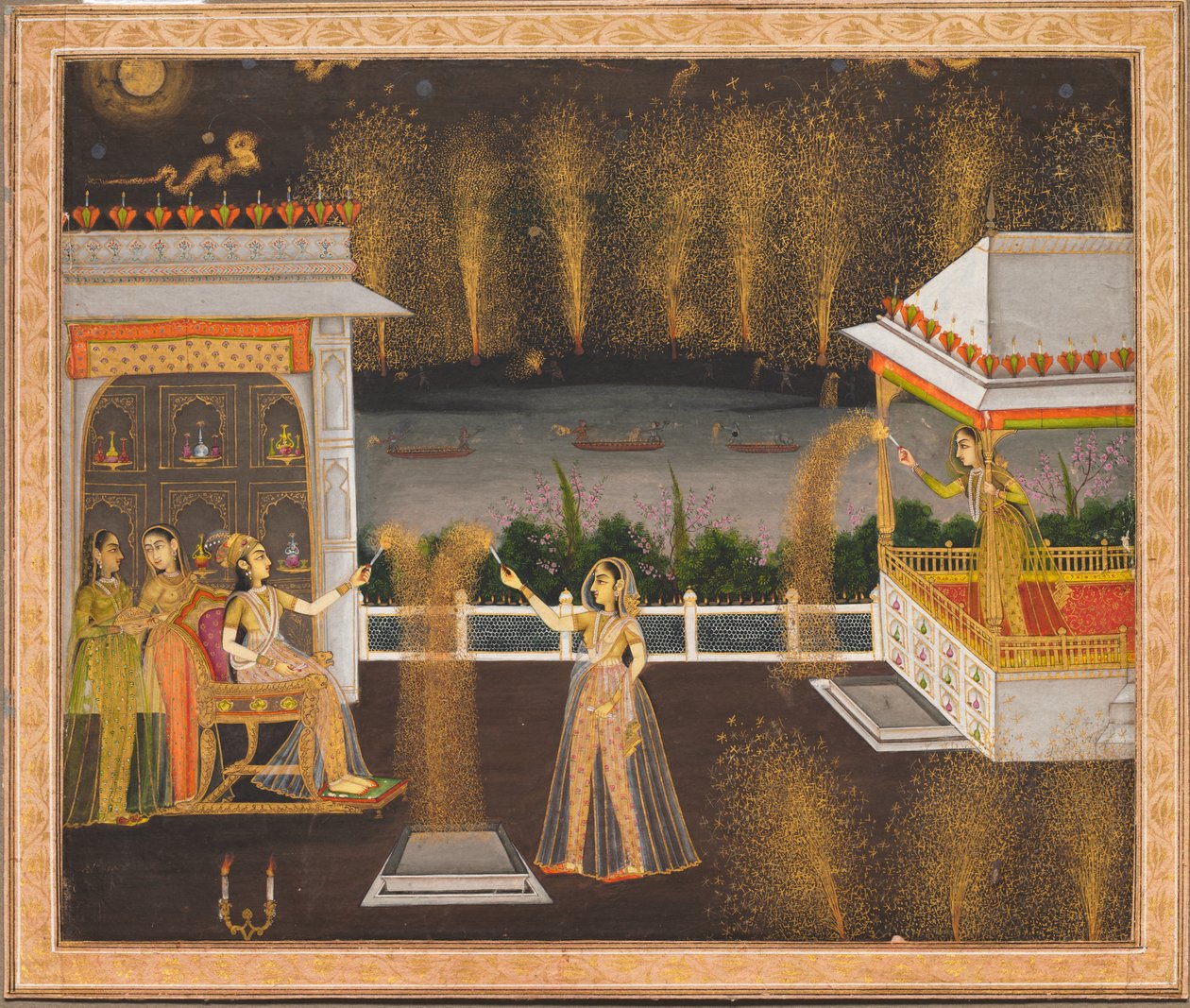Dame che celebrano il Diwali, 1760 circa (acquerello opaco e oro su carta) da School Mughal