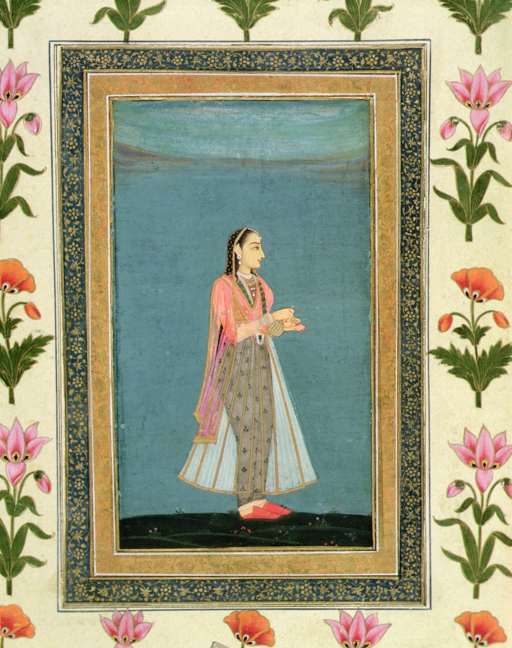 Signora che tiene una fiaschetta di vino e una coppa, dal Grande Album Clive da School Mughal