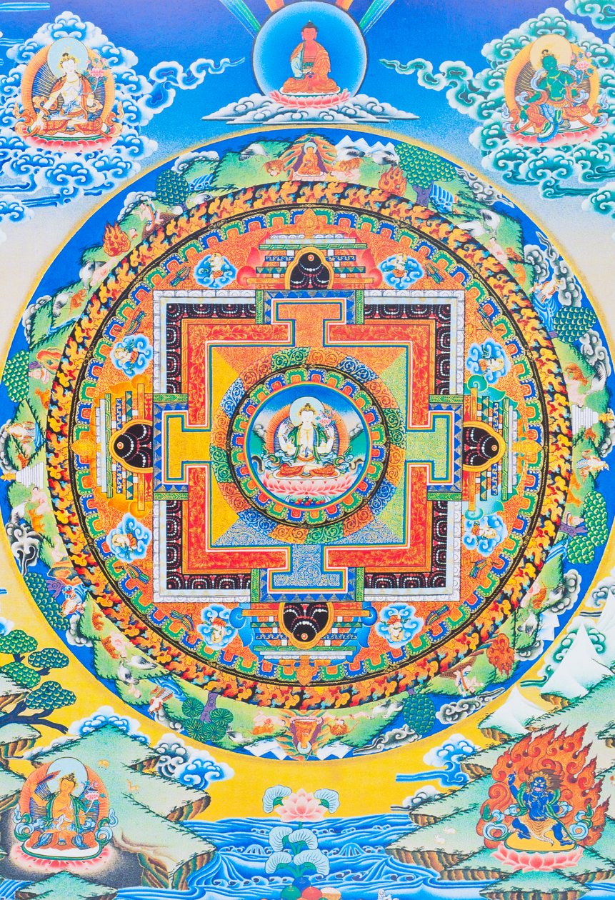 Mandala di Chenresi; la figura centrale raffigura il Buddha della compassione, la manifestazione celeste del Buddha Amitava, sempre vicino agli esseri sofferenti da School Nepalese