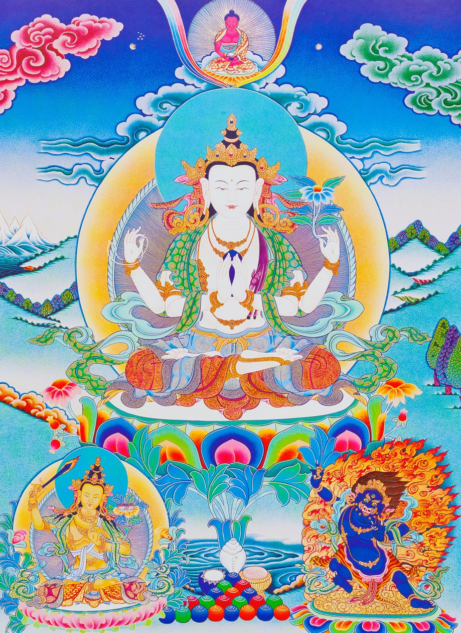 Immagine che raffigura Chenresi, il signore delle sei sillabe "Om Mani Padme Hum" da School Nepalese