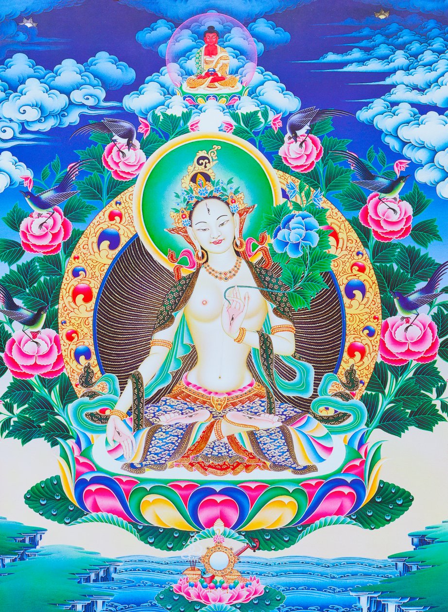 Immagine che raffigura Tara bianca, la madre divina dai sette occhi seduta su un loto con la mano destra in posizione varada mudra che simboleggia la generosità da School Nepalese