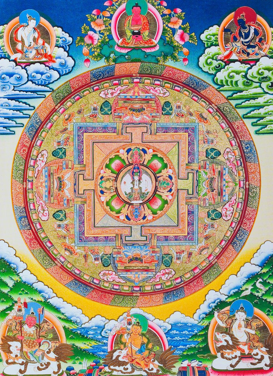 Mandala con Avalokiteshvara dalle mille braccia; il sacro cerchio magico che raffigura il Bodhisattva dalle undici teste che simboleggia la compassione infinita da School Nepalese