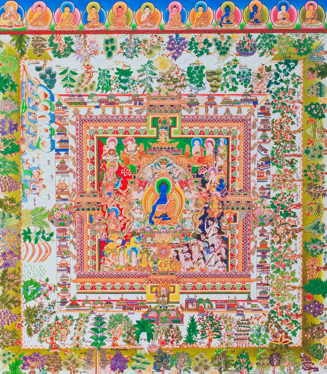 Mandala del Buddha della Medicina, la figura centrale di Bhaisajyaguru rappresenta il supremo guaritore in abiti monastici con una ciotola contenente piante medicinali da School Nepalese