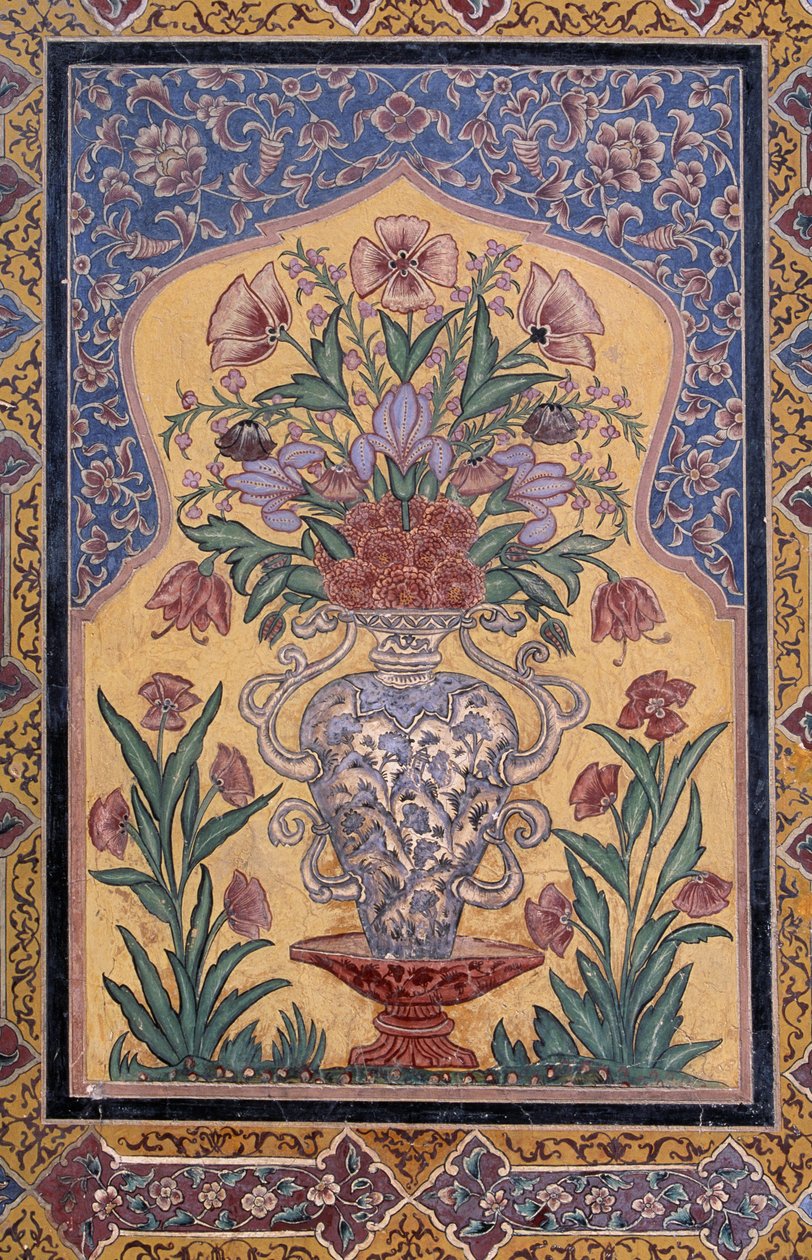 Vase mit Blumen, dekoratives Detail aus der Wazir Khan Moschee (17. Jahrhundert), Lahore, Punjab, Pakistan von School Pakistani