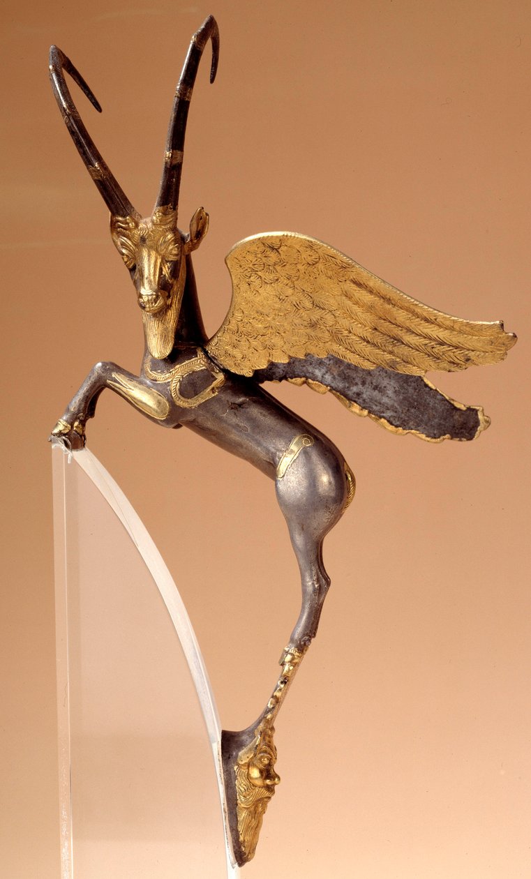 Manico cerimoniale: stambecco alato in argento, intarsiato, oro. Periodo achemenide persiano (VI-IV secolo a.C.), dall