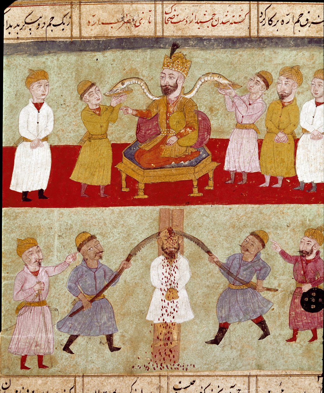 Arte islamica: un re rappresentato in alto, con i suoi serpenti nutriti dai cortigiani da School Persian