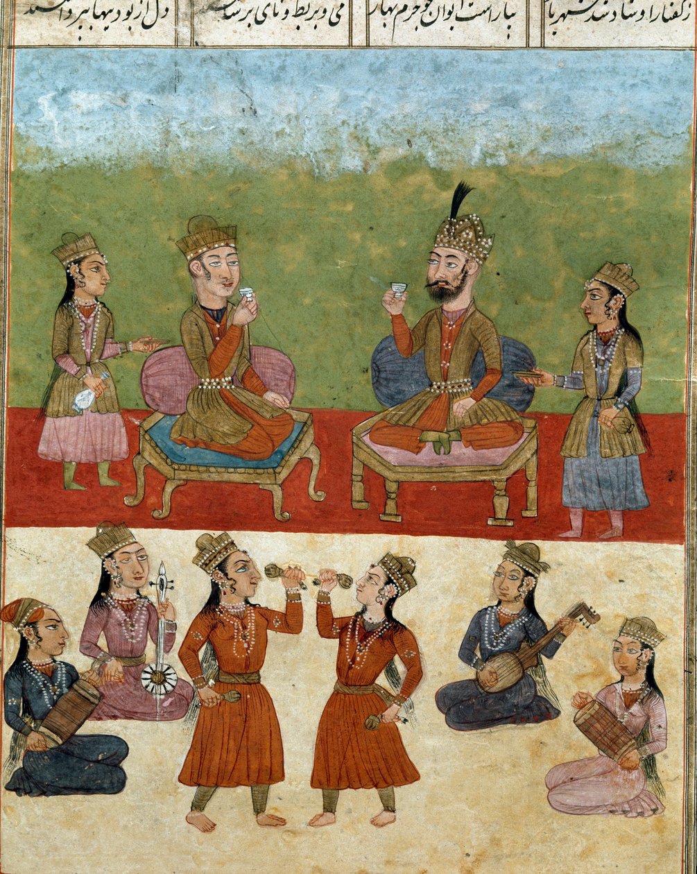 Arte islamica: concerto e intrattenimento in un harem. Miniatura persiana da un manoscritto del poema epico Shahnameh da School Persian