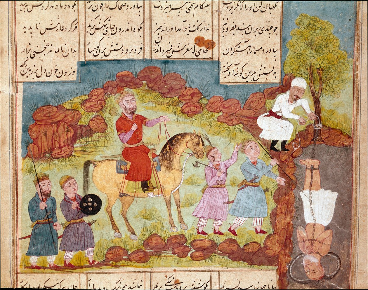 Arte islamica: scena di tortura di un nemico, sepoltura viva ai piedi di un albero. Miniatura persiana da un manoscritto del poema epico 