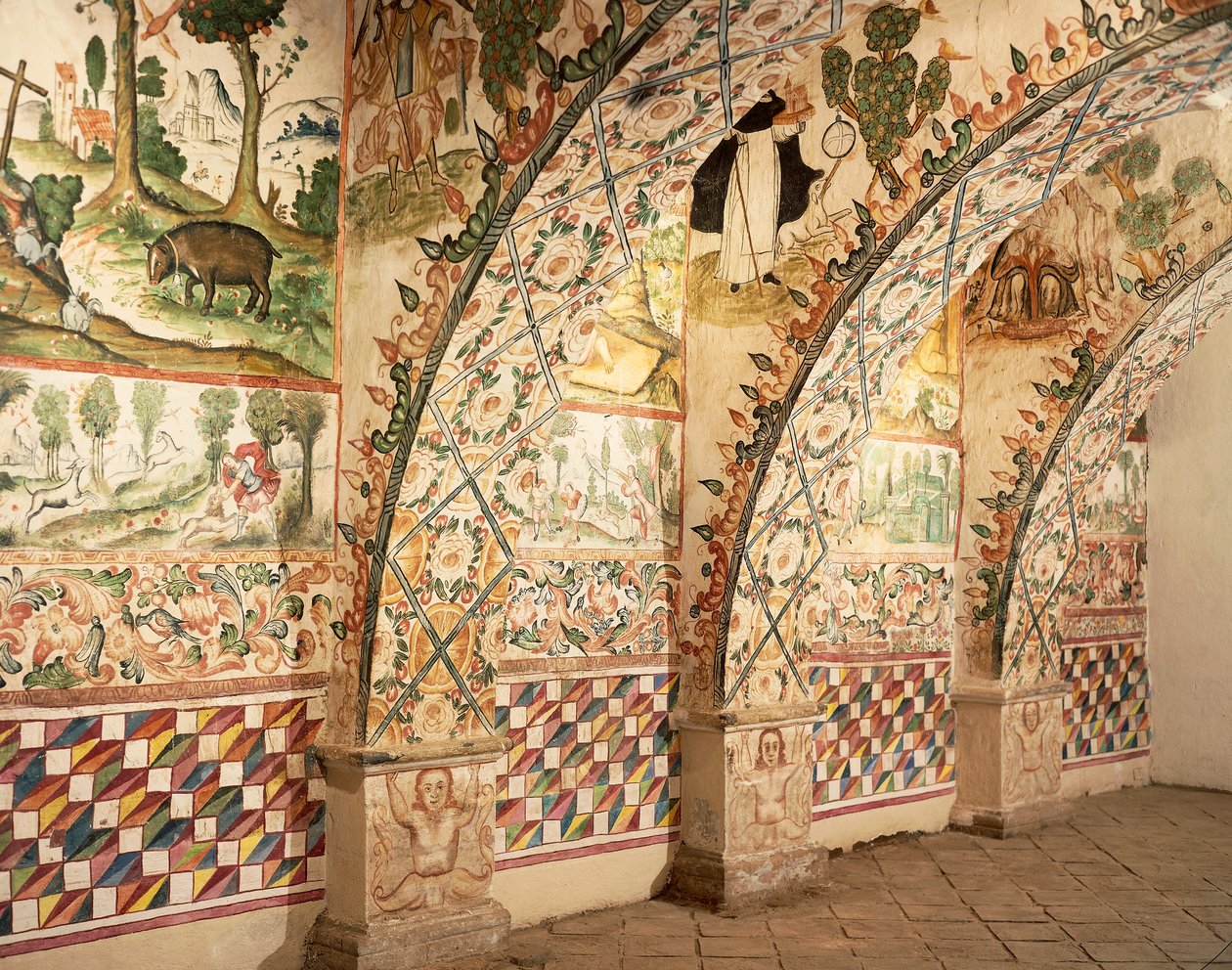Affreschi della cappella che raffigurano scene religiose e di vita quotidiana da School Peruvian