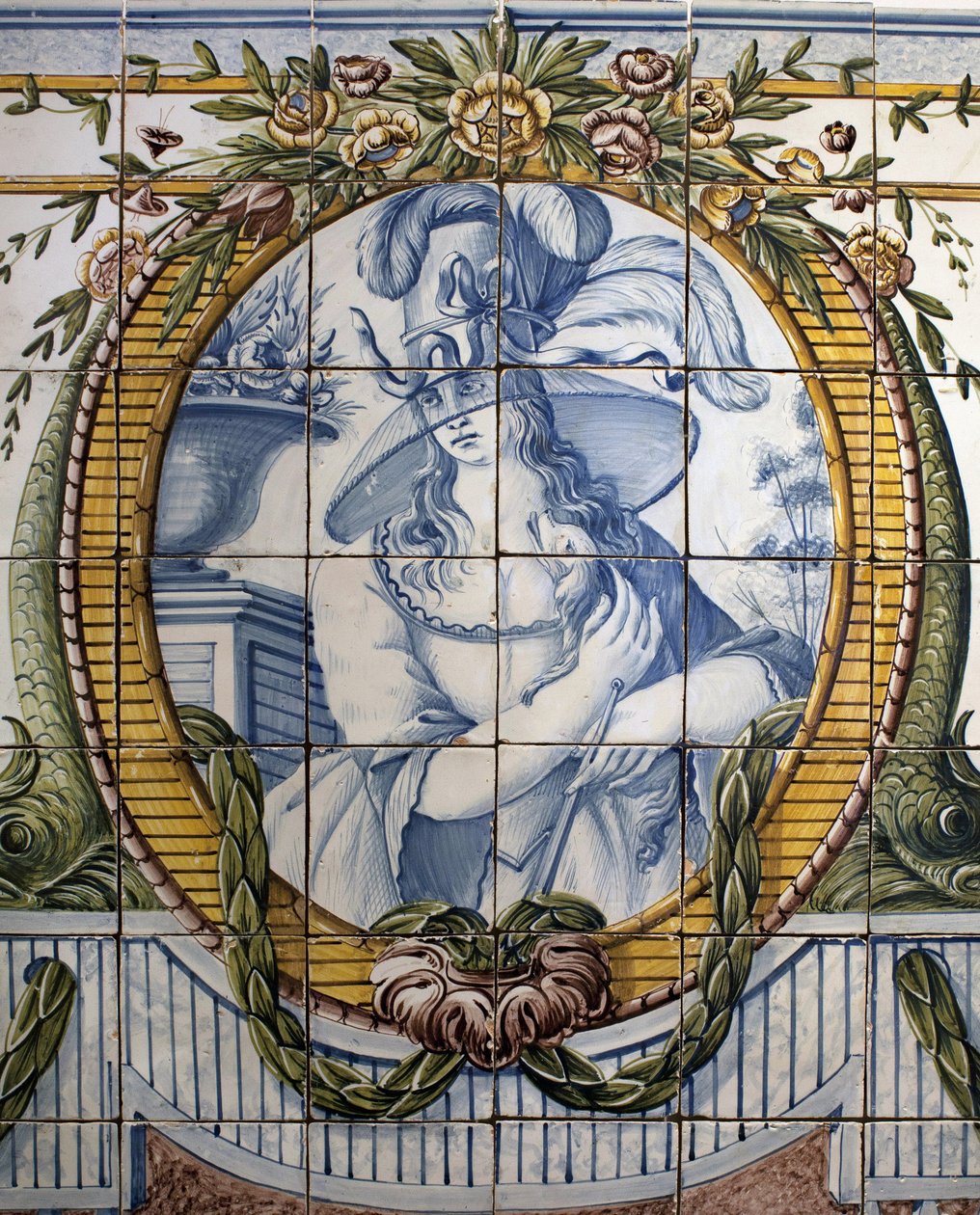Pannello ornamentale con ritratto di una donna, Fabbrica reale di Louca, a Rato, maiolica policroma. da School Portuguese