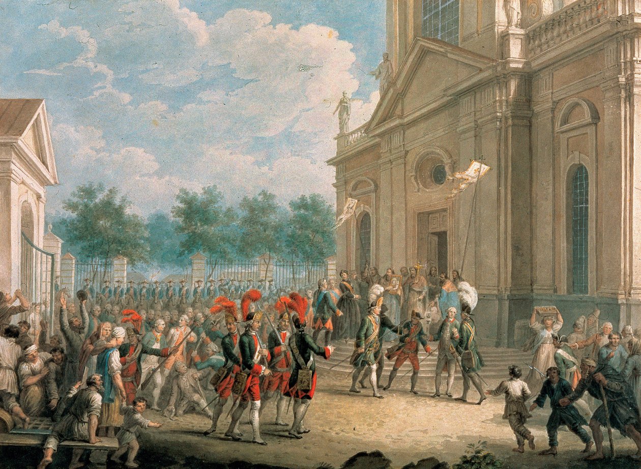 Caterina II sulle scale della cattedrale di Kazan, accolta dal clero il giorno della sua ascesa al trono, il 28 giugno 1762 da School Russian