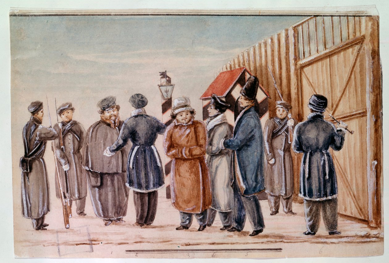 I decabristi partono per la prigione di Tcheta. I decabristi furono i responsabili del tentato colpo di stato a San Pietroburgo il 14 dicembre 1825 per ottenere una costituzione moderna dal regime. Acquerello del 1827 Mosca, Pushkin da School Russian