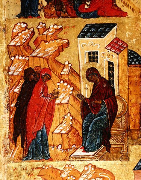 Icona che raffigura la Vergine che seleziona i colori più onorati del tessuto, c.1550 (dettaglio) da School Russian