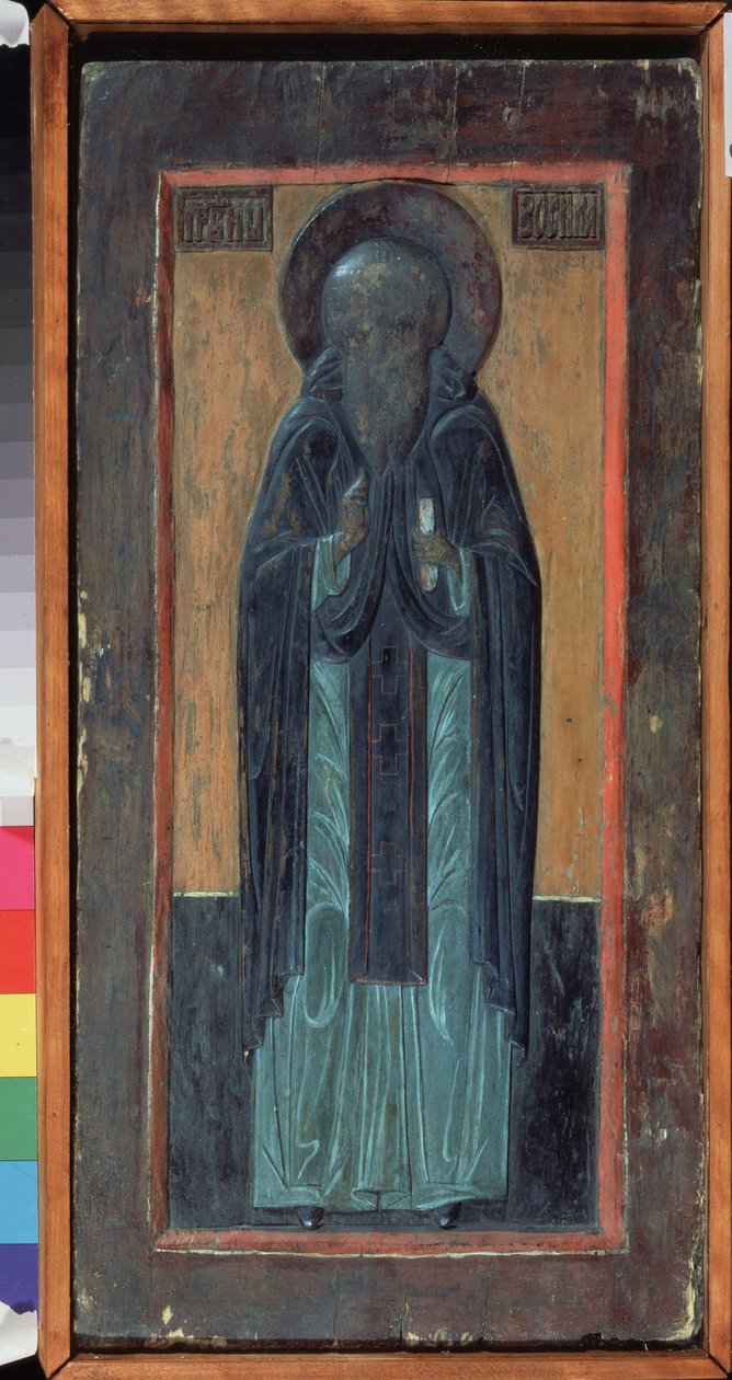 San Zosima di Solovki (morto nel 1478). Icona russa, legno scolpito policromo, metà del XVI secolo. Arte russa tradizionale antica del Nord. Museo Regionale di Belle Arti e Arti Applicate, Smolensk (Russia). da School Russian