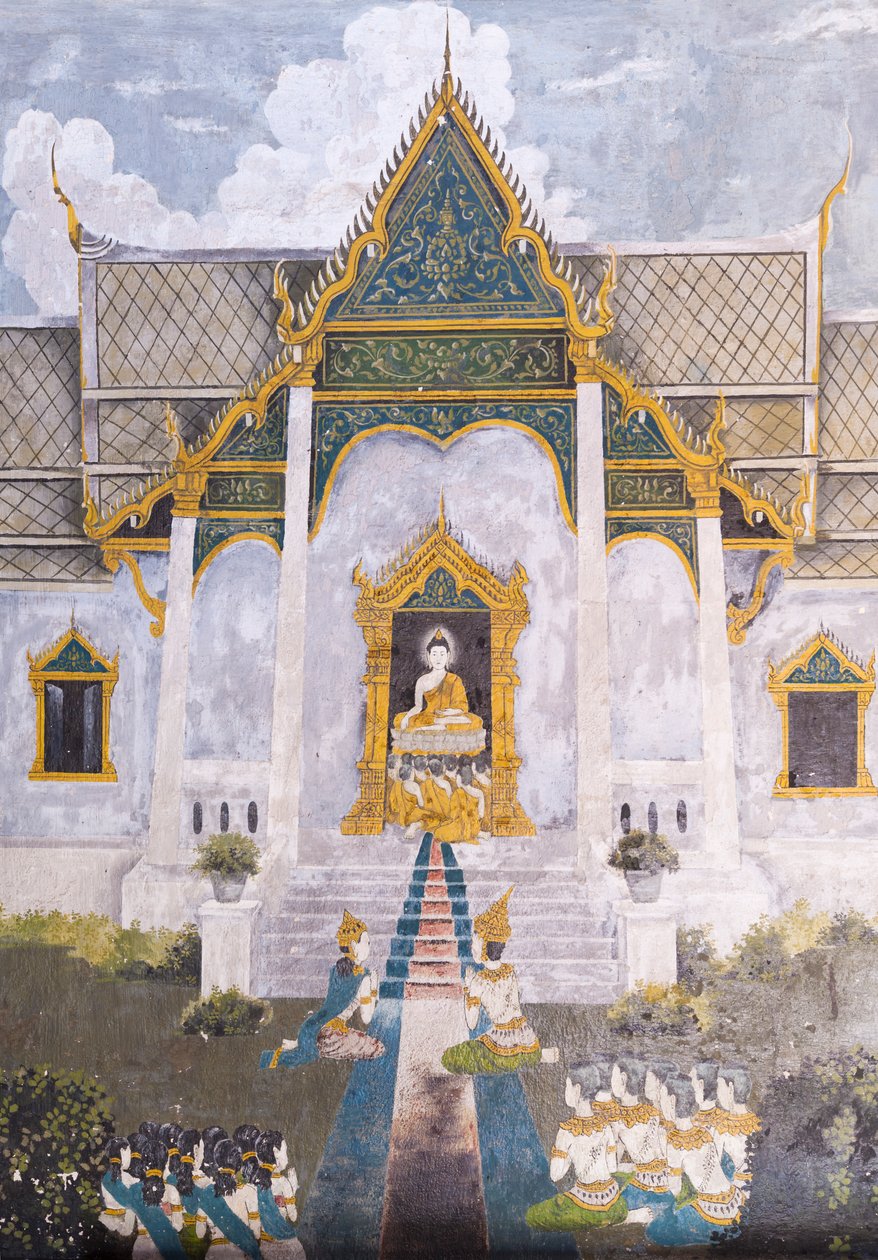 Affresco che raffigura una scena della vita di Buddha, tempio Wat Phra That Doi Suthep da School Thai