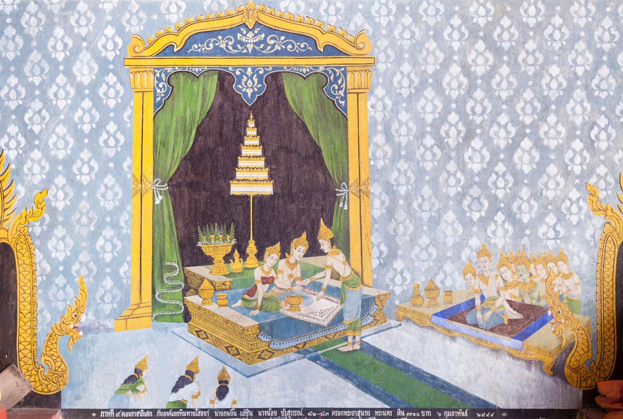 Affresco che raffigura una scena della vita di Buddha, tempio Wat Phra That Doi Suthep da School Thai