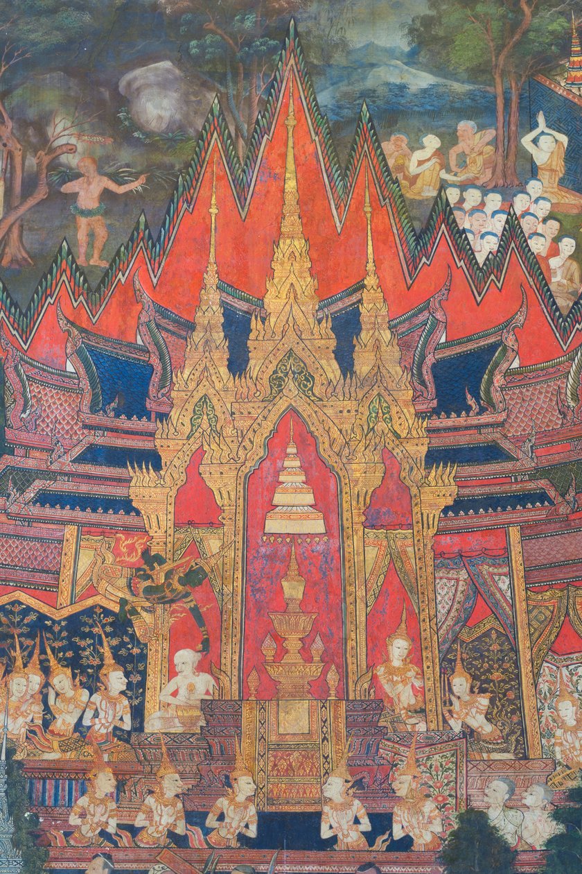 Murali nella cappella Buddhaisawan che raffigurano Indra che scende dai cieli subito dopo la cremazione del Buddha prendendo la reliquia più preziosa, un dente nascosto nello chignon del brahmano da School Thai
