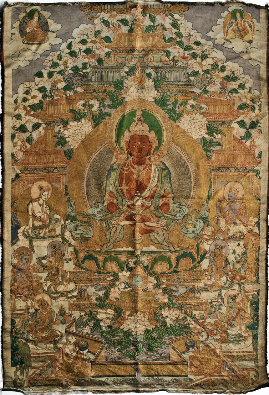 Amitabha (Buddha della Terra Pura) - Pittura tibetana, pigmenti e oro su tessuto, fine del 19° secolo, 74x51 cm - (Amitayus Buddha Thangka, cultura tibetana, pigmenti e oro su tessuto, fine del 19° secolo) - Collezione privata da School Tibetan
