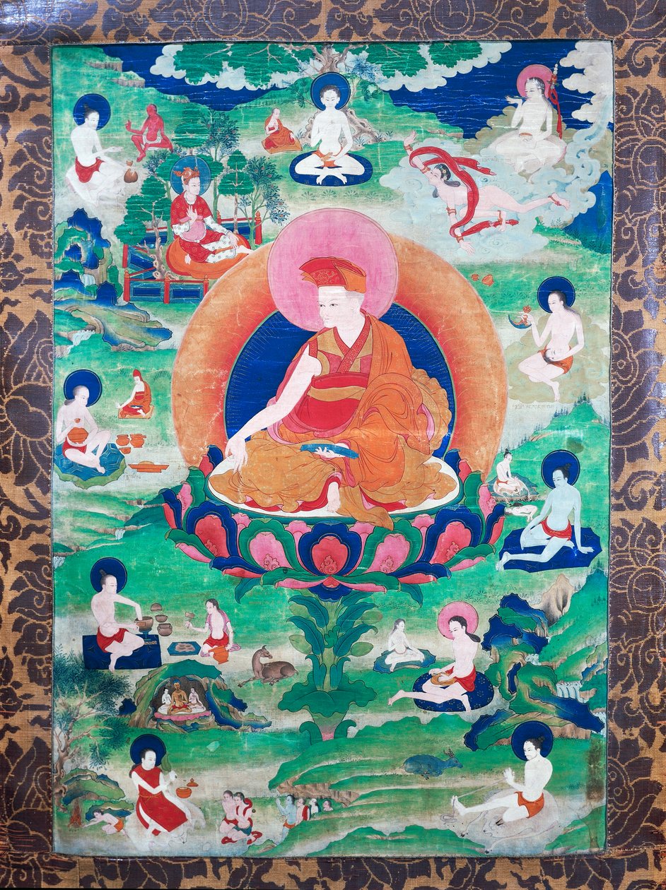 Il Lama Rje-grags Rtod Iha-pa-pa- dbang Graps con aureola e circondato da numerosi mahasiddha (yogin), vissuto in India e Tibet (VII-XI secolo), gouache su tela da School Tibetan