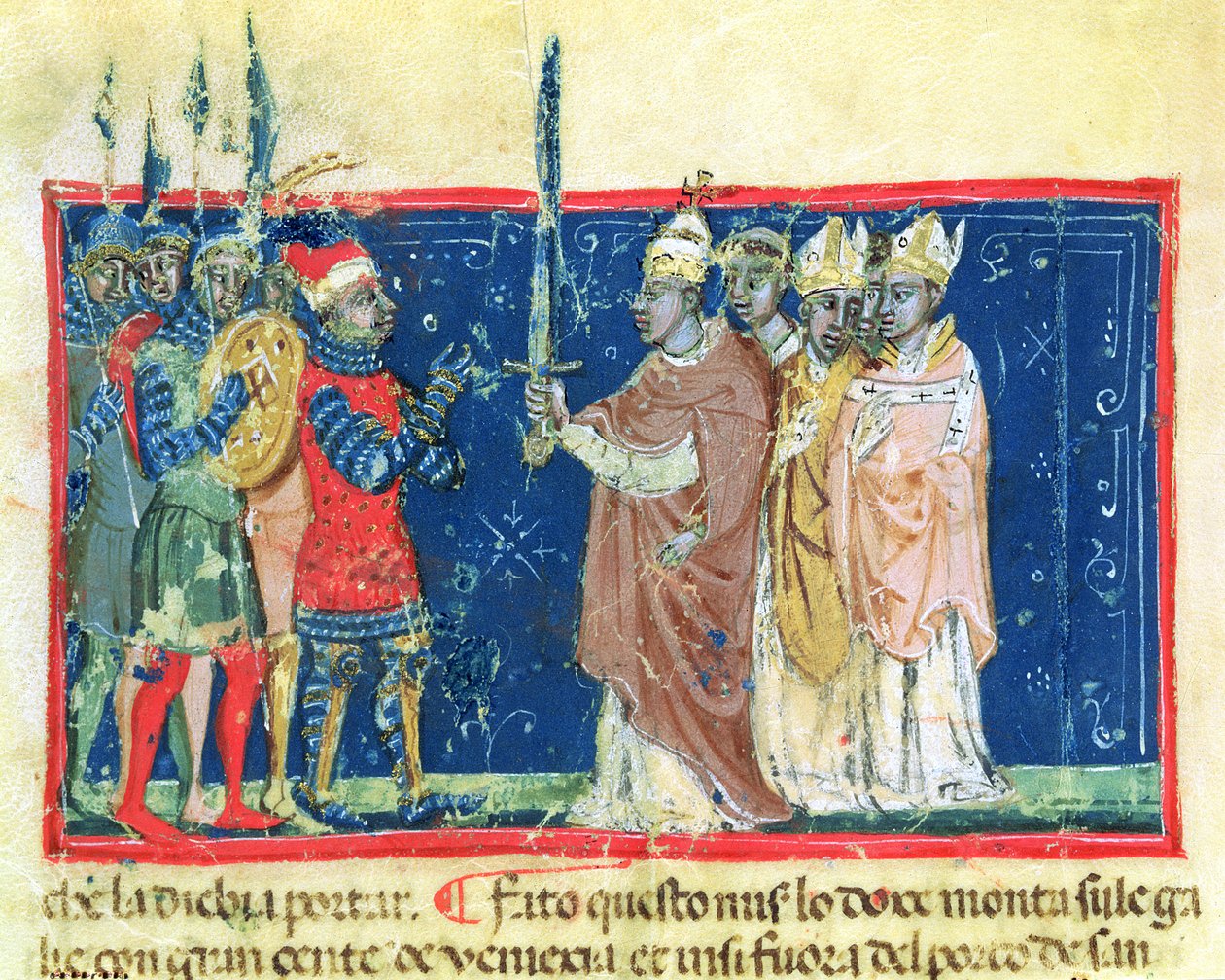 Codice Correr I 383 Papa Alessandro III (1105-81) consegna la spada al doge Sebastiano Ziani (pergamena) da School Venetian