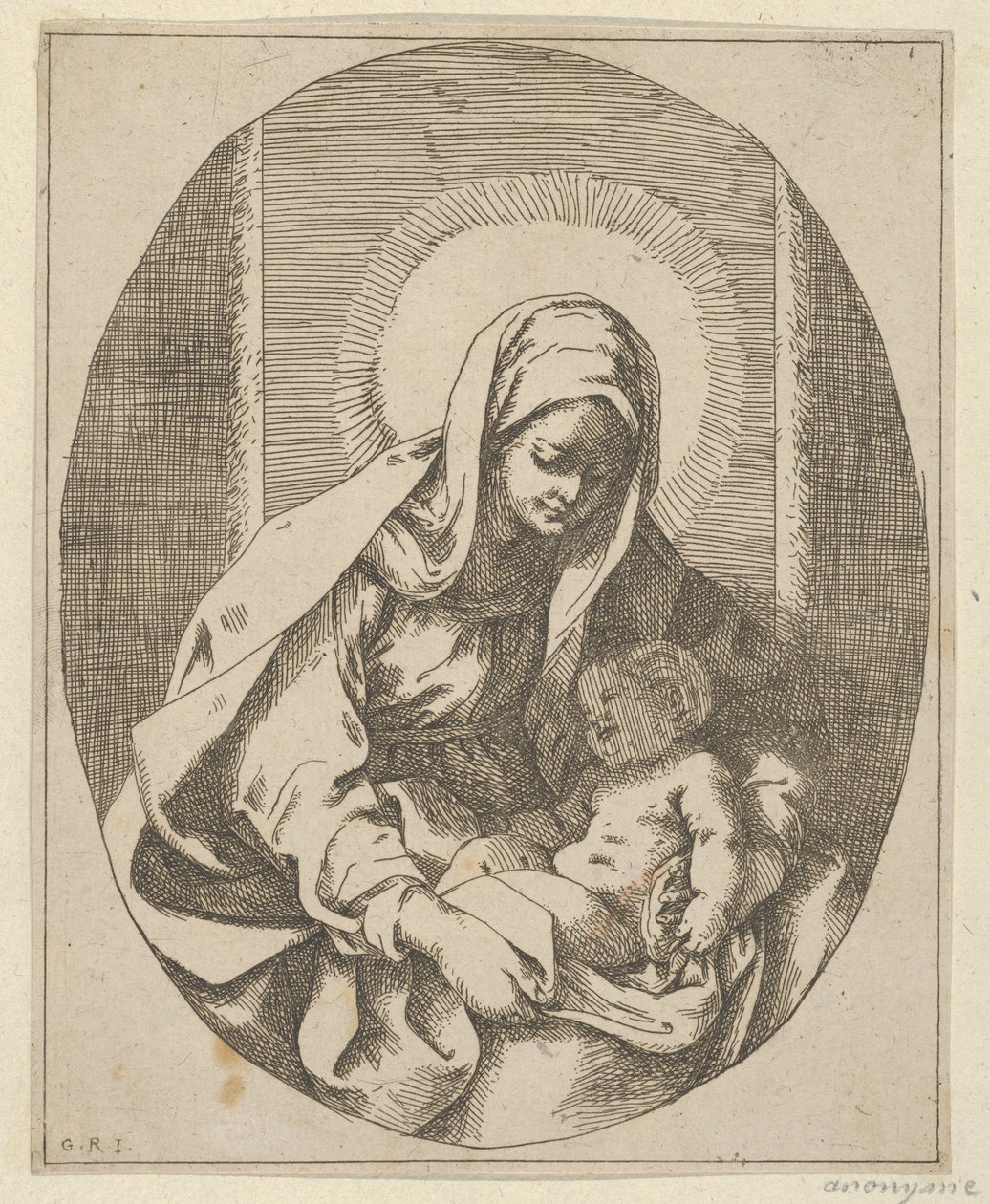 La Vergine che tiene in grembo il Cristo bambino, una composizione ovale, dopo Reni, 1620-50 da School of Guido Reni