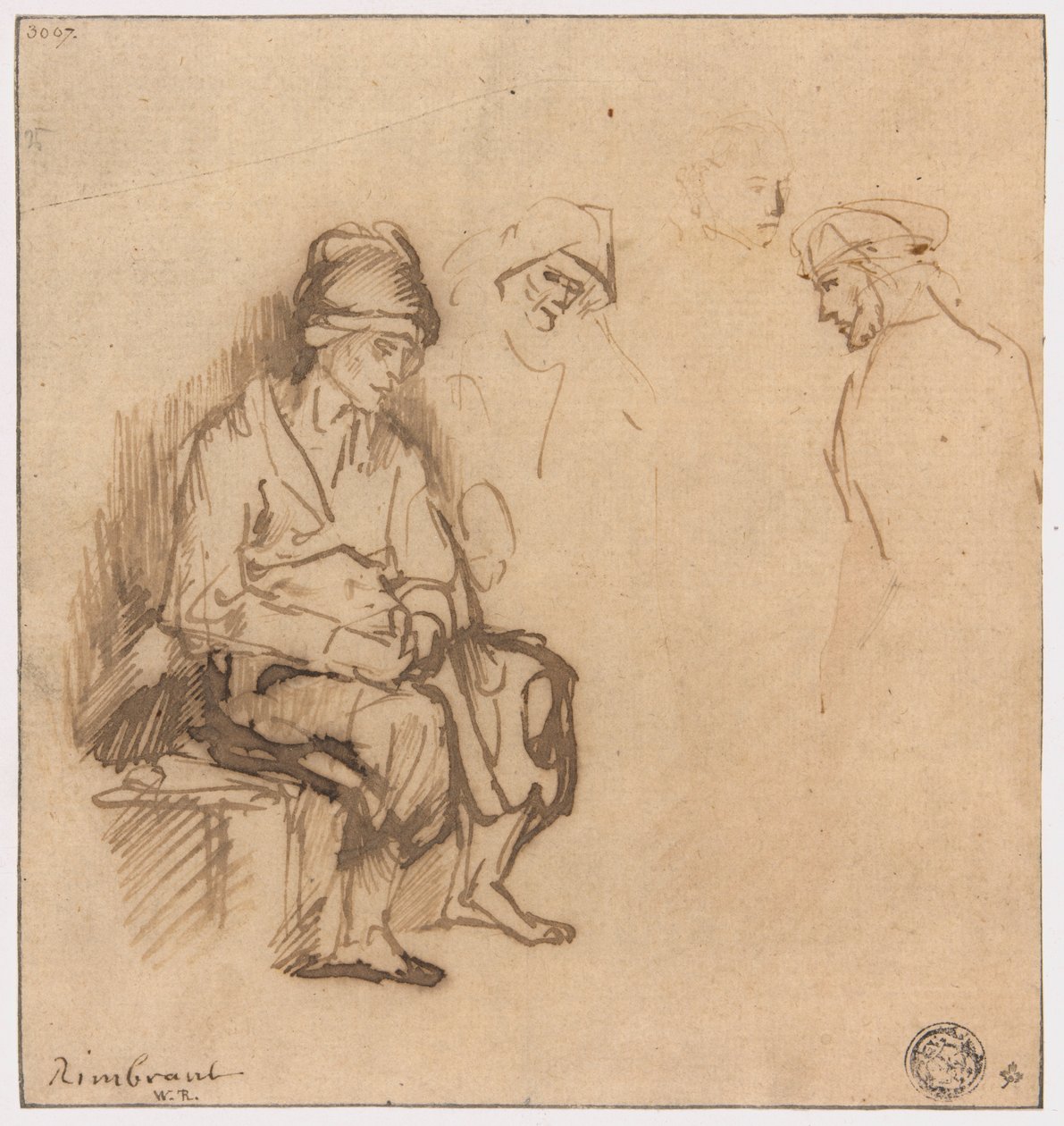 Donna seduta su una panchina e tre schizzi di teste da School of Rembrandt van Rijn