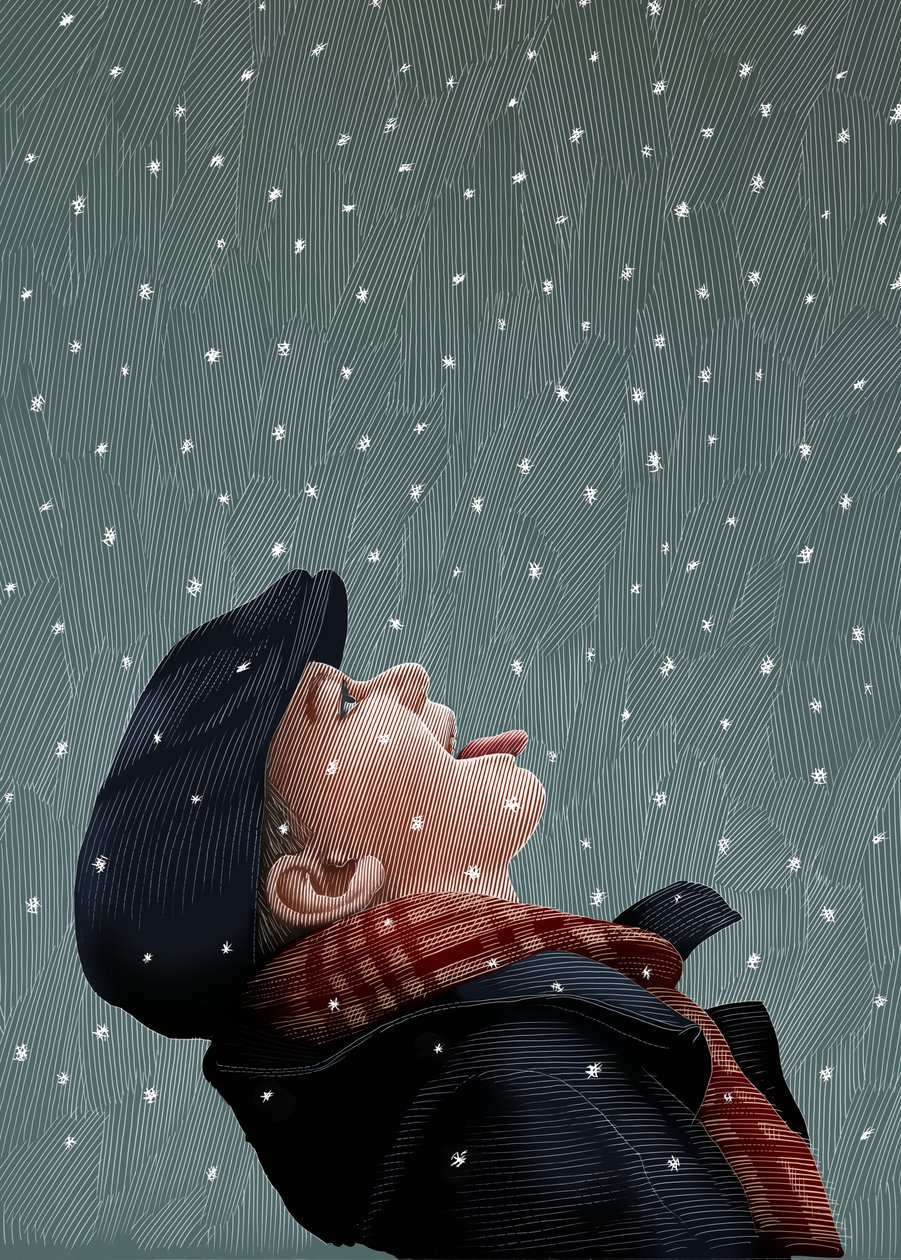 Il Natale di un bambino in Galles, 2016 (tavola di graffio, colorata in digitale) da Scott McKowen