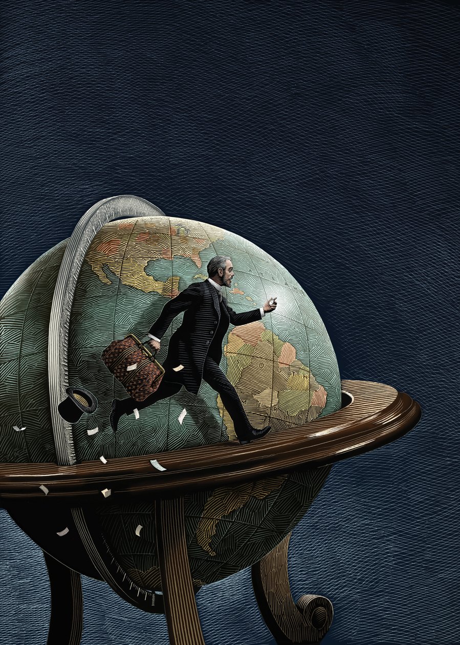 Il giro del mondo in ottanta giorni, 2008 (tavola a graffio, colorata in digitale) da Scott McKowen