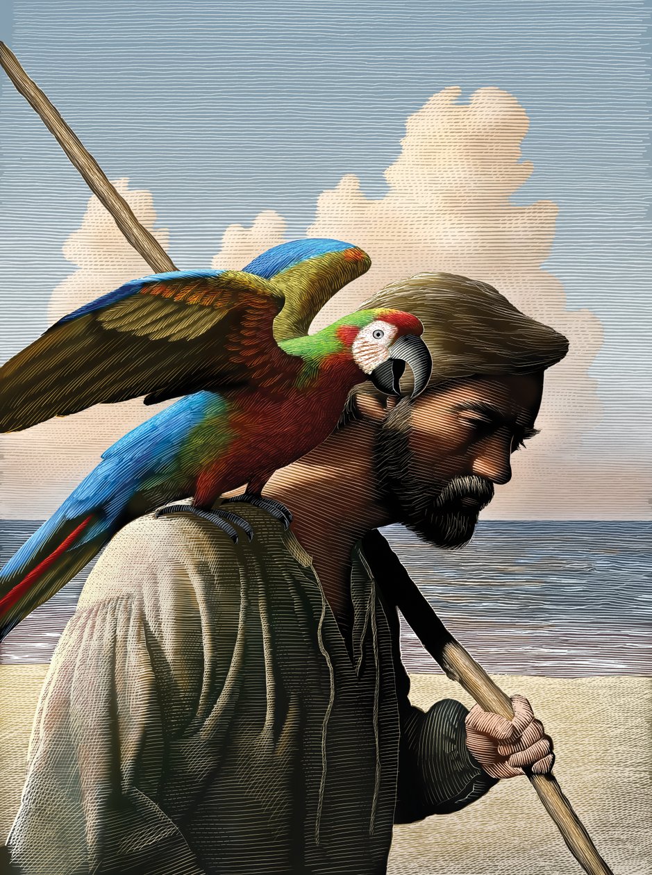 Robinson Crusoe, 2011 (tavola a graffio, colorata in digitale) da Scott McKowen