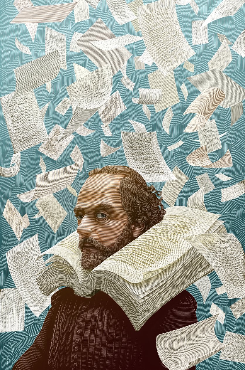 Le opere di Shakekspeare, 2015 (tavola di graffio, colorata in digitale) da Scott McKowen