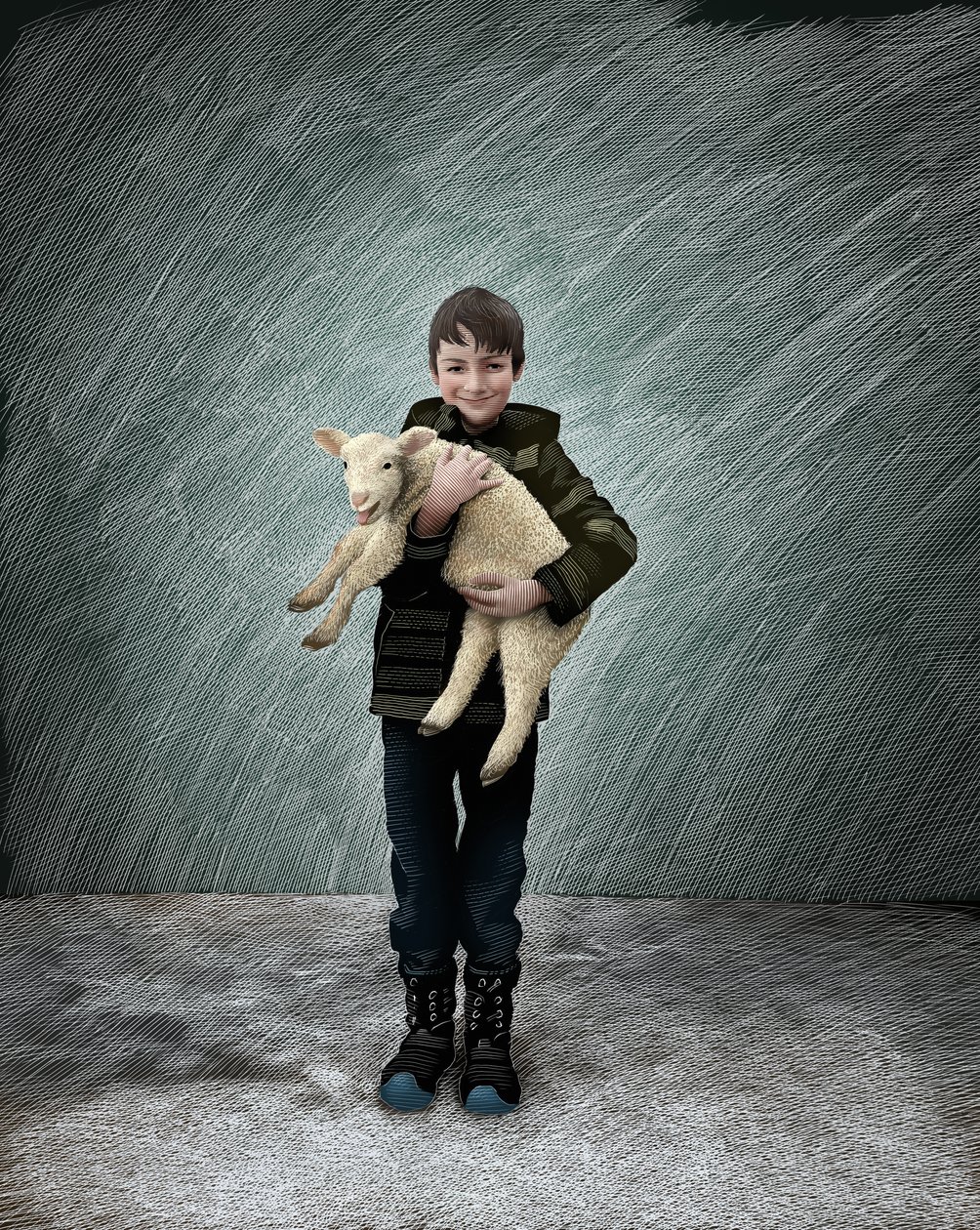 Pastorello con agnello, 2017 (tavola a graffio, colorata in digitale) da Scott McKowen