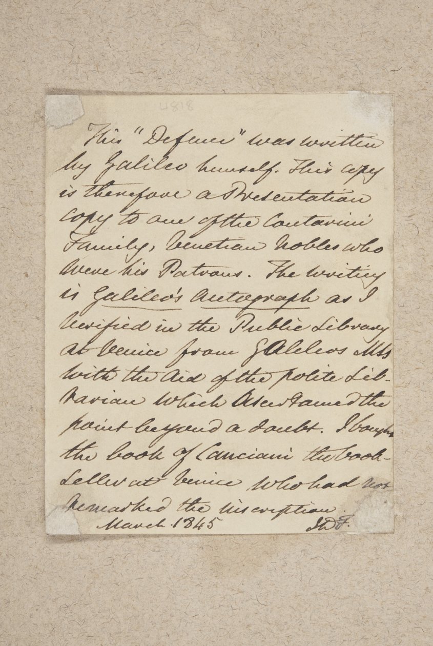 Nota incollata sulla copertina di Difesa, di Galileo, 1845 (penna e inchiostro su carta) da Scottish School
