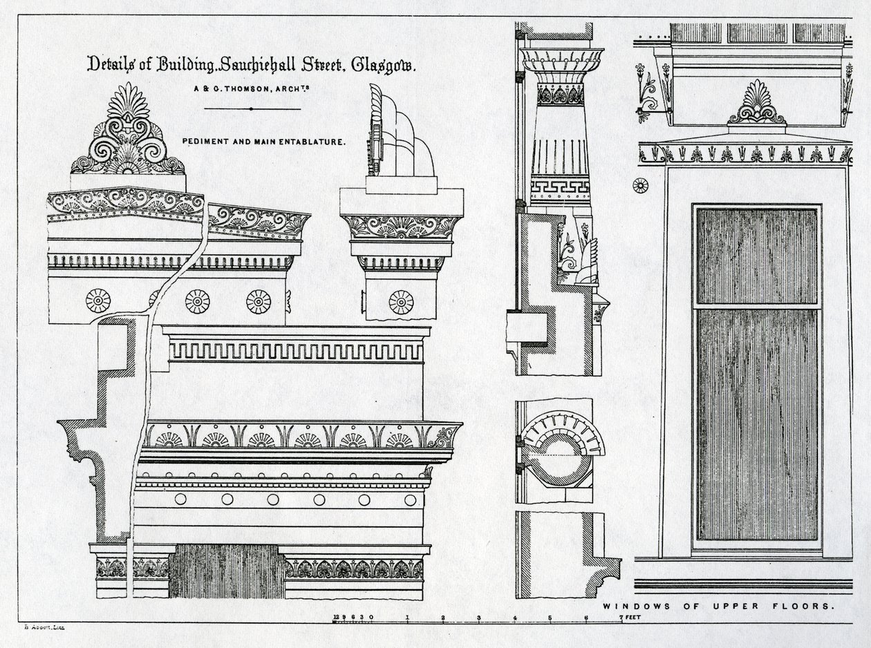 Dettagli architettonici delle camere greche, 336-356 Sauchiehall Street, Glasgow, progettate da Alexander Greek Thomson, 1869 da Scottish School