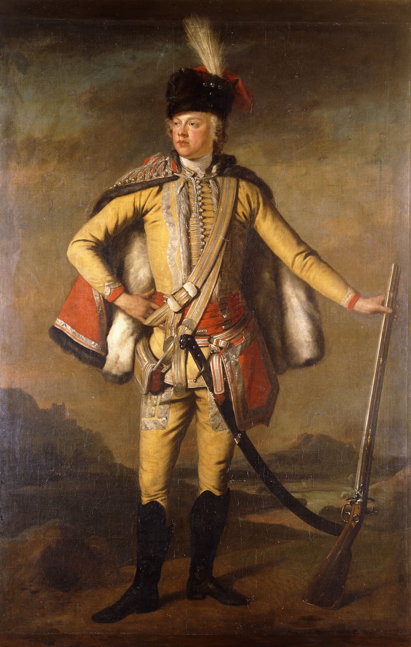 Ritratto di John Lindsay, 20° conte di Crawford e Lindsay, a figura intera, in uniforme da ussaro, con un moschetto a pietra focaia, un paesaggio sullo sfondo da Scottish School