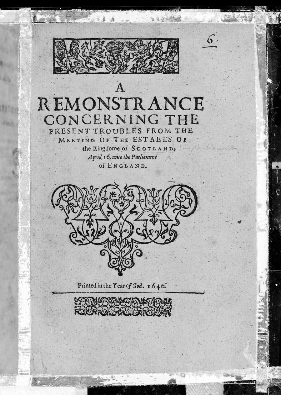 Pagina del titolo di A Remonstrance concerning the present troubles from the meeting of the estates of the Kingdome of Scotland, pubblicato 1640 da Scottish School