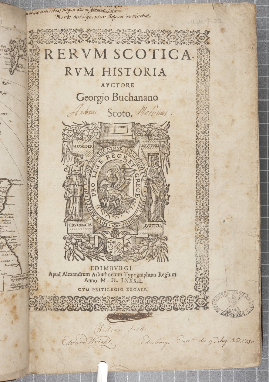 Pagina del titolo di Rerum Scoticarum Historia, di George Buchanan da Scottish School