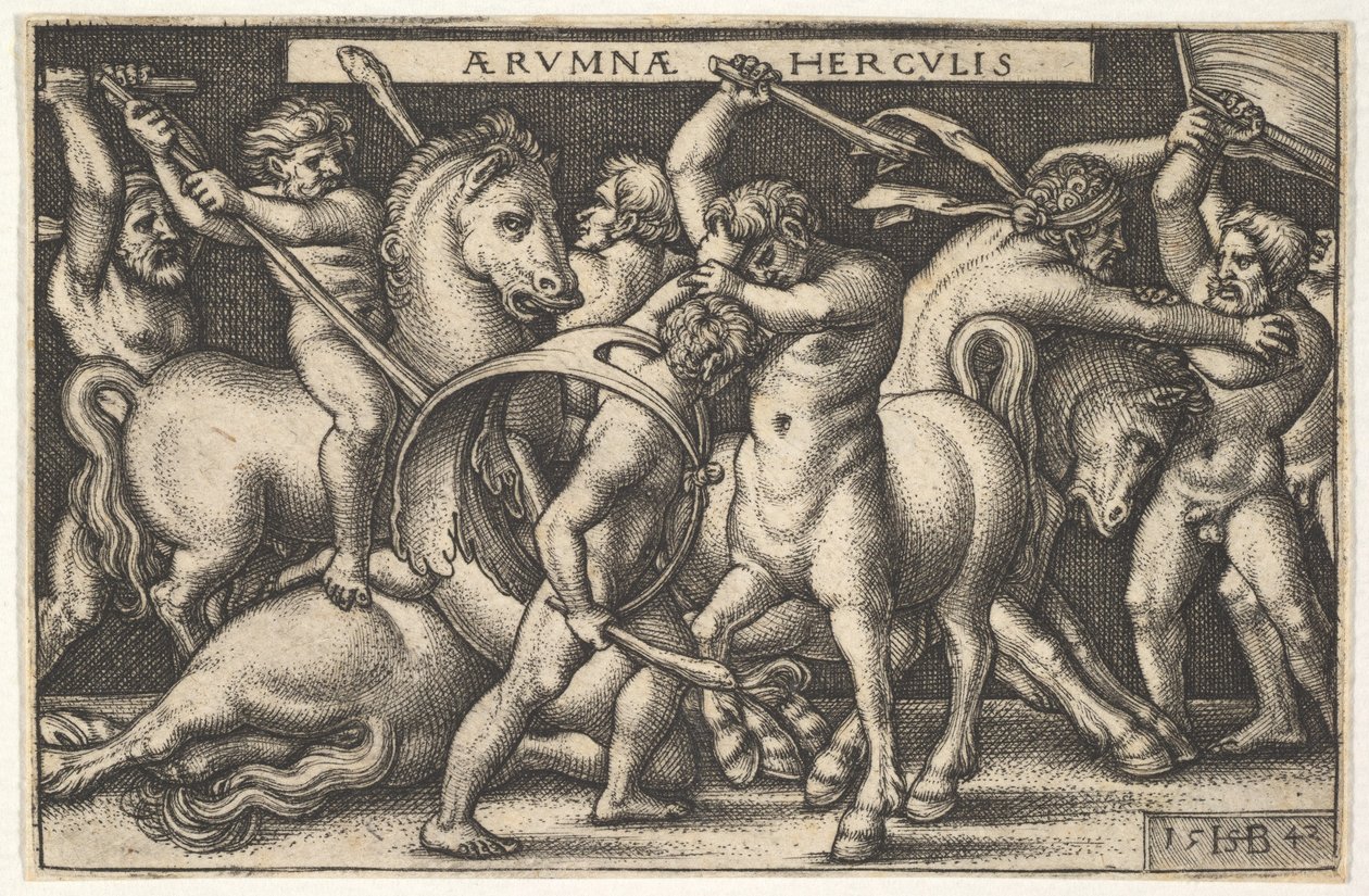Ercole con la sua clava al centro che combatte un centauro, altri uomini che combattono centauri a sinistra, 1542 da Sebald Beham