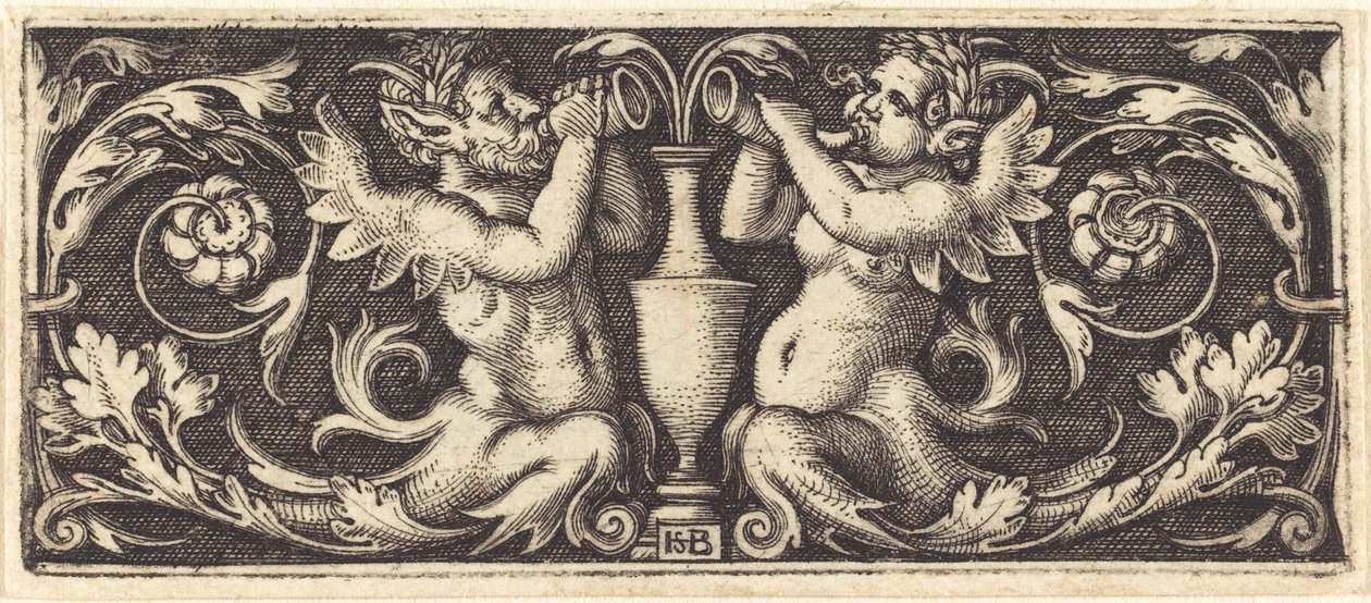 Ornamento con Due Tritoni che Soffiano Corni da Sebald Beham