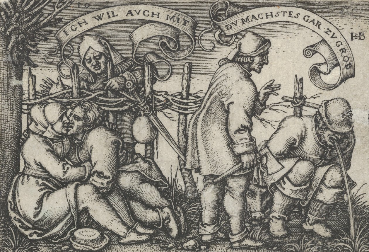 Contadini dietro la siepe, dalla Festa dei Contadini o i Dodici Mesi, 1546-47 da Sebald Beham