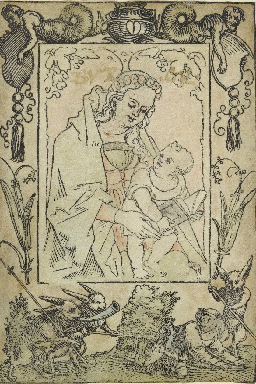 La Vergine e il Bambino circondati da una cornice con un cacciatore e alcuni conigli da Sebald Beham