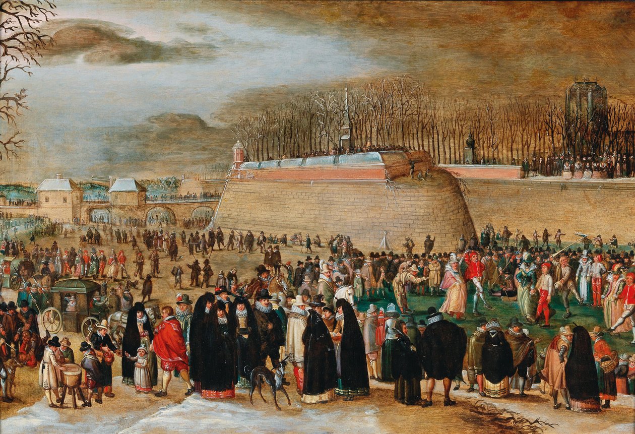 Paesaggio invernale con scena di carnevale vicino al bastione di Kipdorppoort ad Anversa da Sebastiaen Vrancx