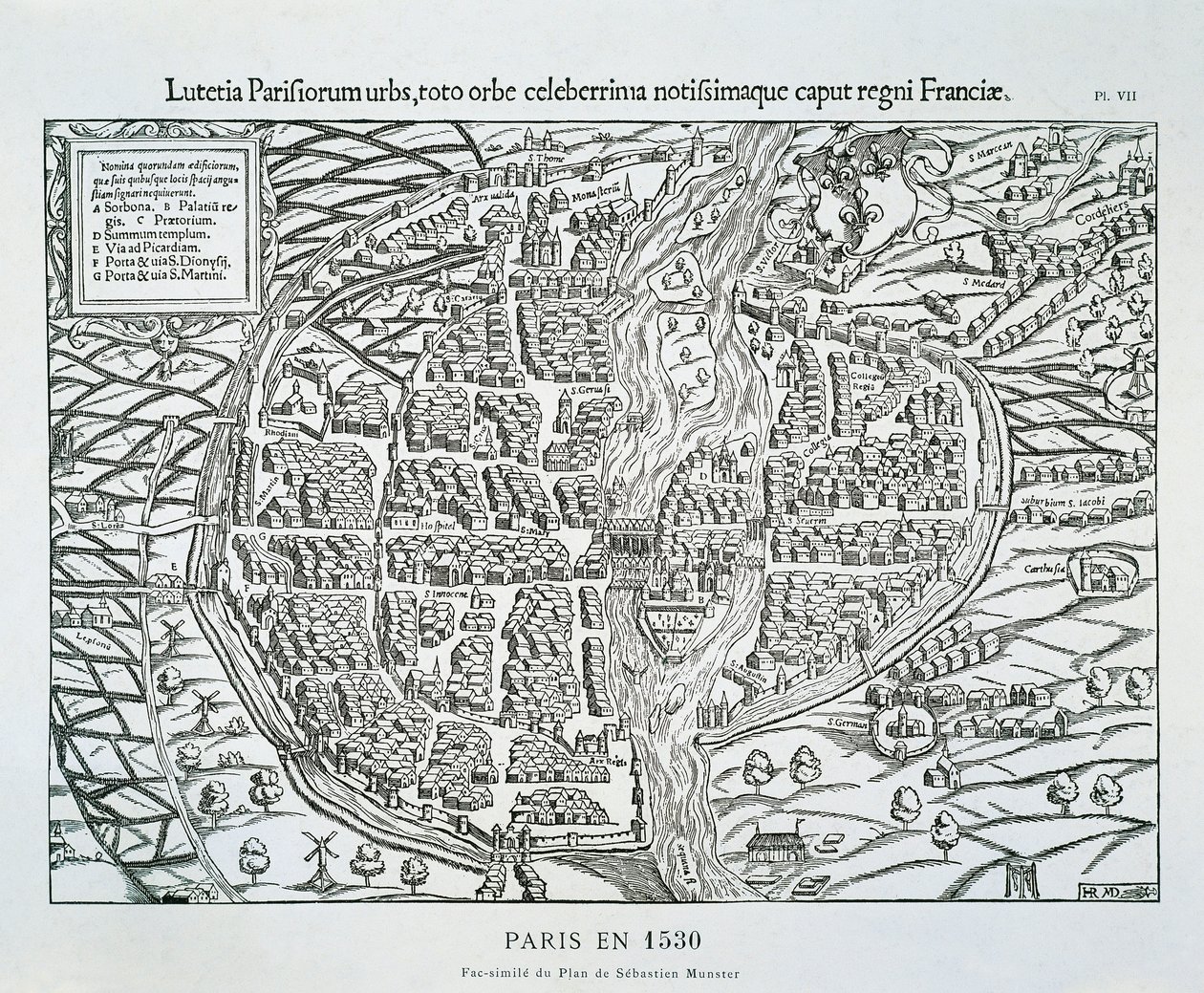 Piano della città di Parigi c.1530 da Sebastian (after) Münster