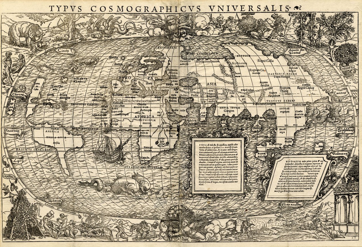 Typus Cosmographicus Universalis (Mappa del mondo), 1532 circa (xilografia) da Sebastian & Holbein Hans the Younger Münster