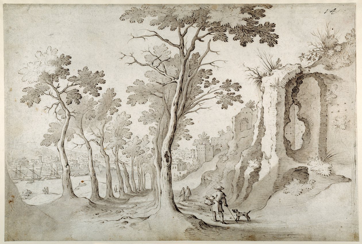 Veduta della Porta Ripa da un viale di alberi tra le rovine sull