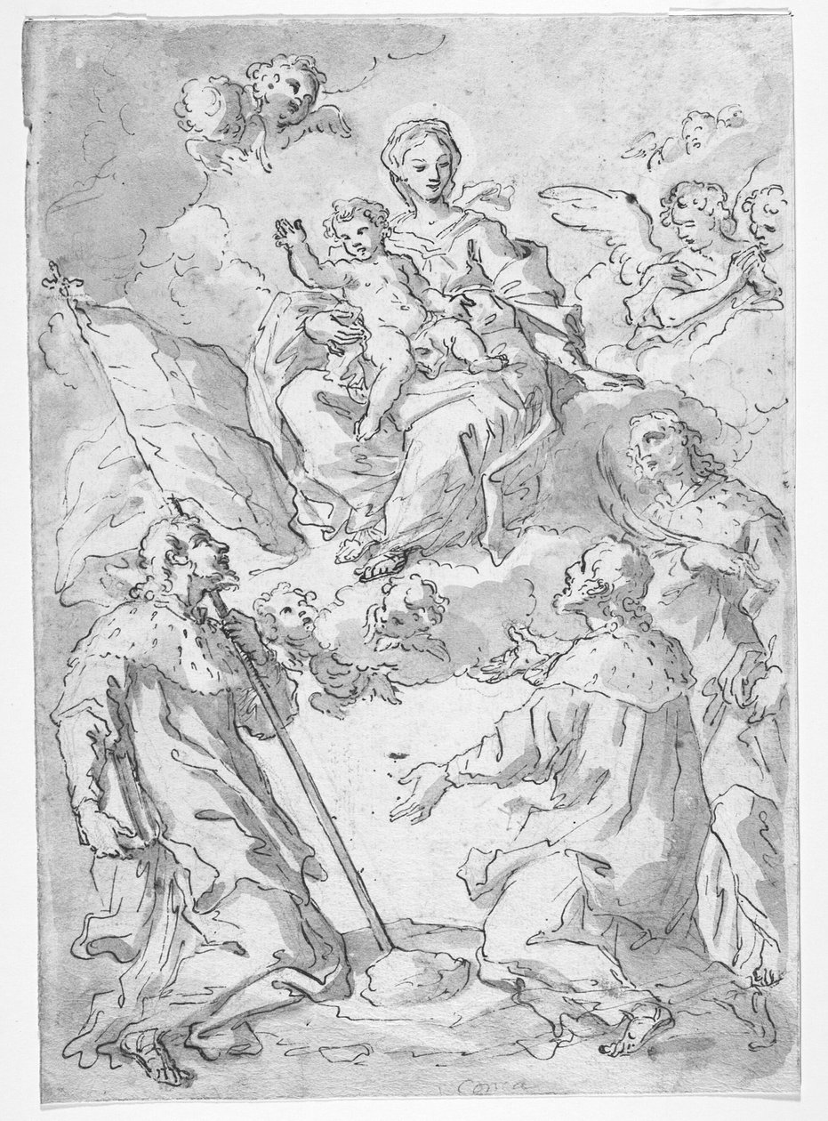 Danese: Tre santi maschi con Madonna e Bambino tra le nuvole circondati da angeli da Sebastiano Conca